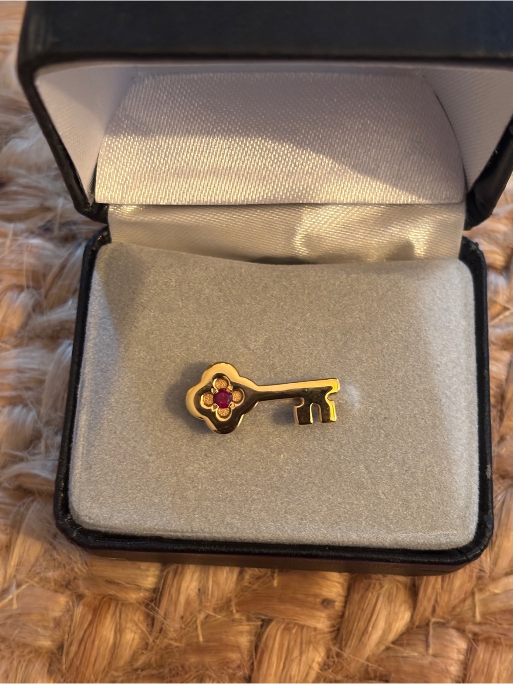 10k Small Gold Emblem Key Pin Brooch with Ruby